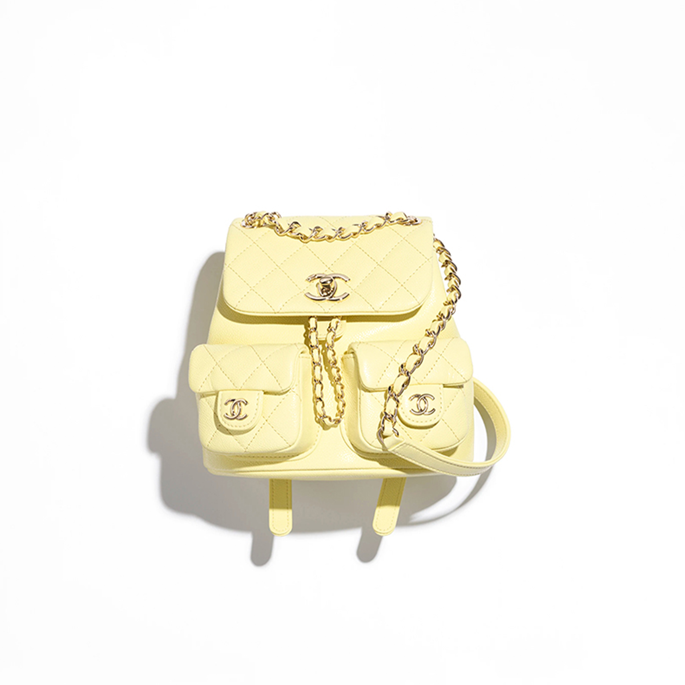 Ch*el small backpack grained calfskin & gold-tone metal light yellow as3787 b16985 (17.5*16.5*10cm)